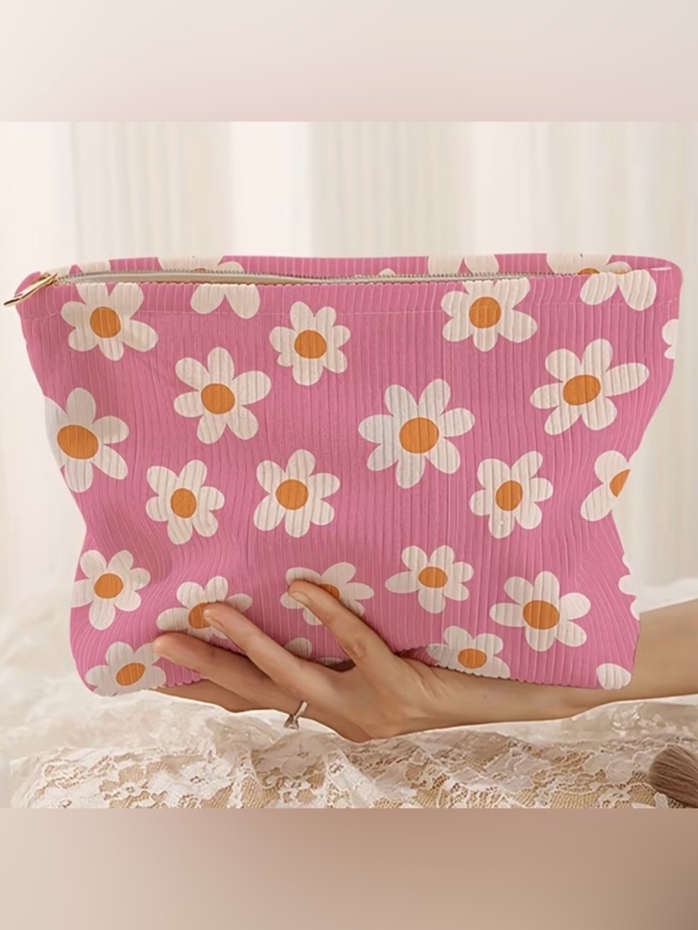 NEW Pink Daisy Corduroy Makeup Bag | Cute Floral Cosmetic Travel Pouch Zip Case